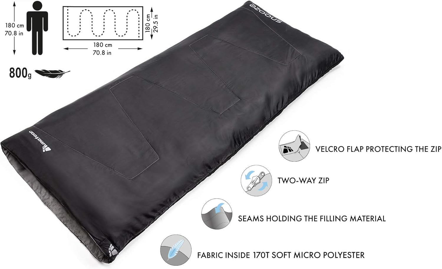 Meteor - Snooze Sleeping Bag – Camping Equipement – Compact Travel Gear for Hiking, Sleepover – Winter, Spring, Summer or Fall
