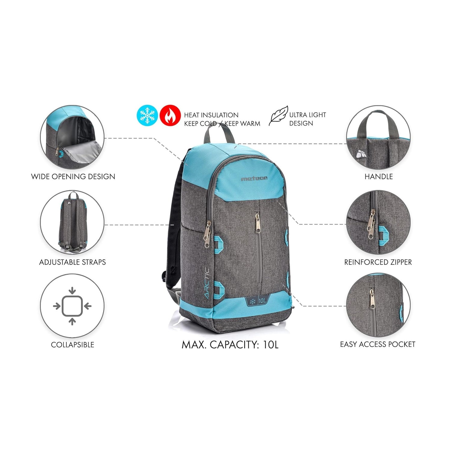 Meteor 10L Cool Backpack, Cool Bag Insulated, Lunch Backpack, Cool Box Picnic Backpack, Ice Camping Bag, Picnic Bag, Outdoor Travel Bag